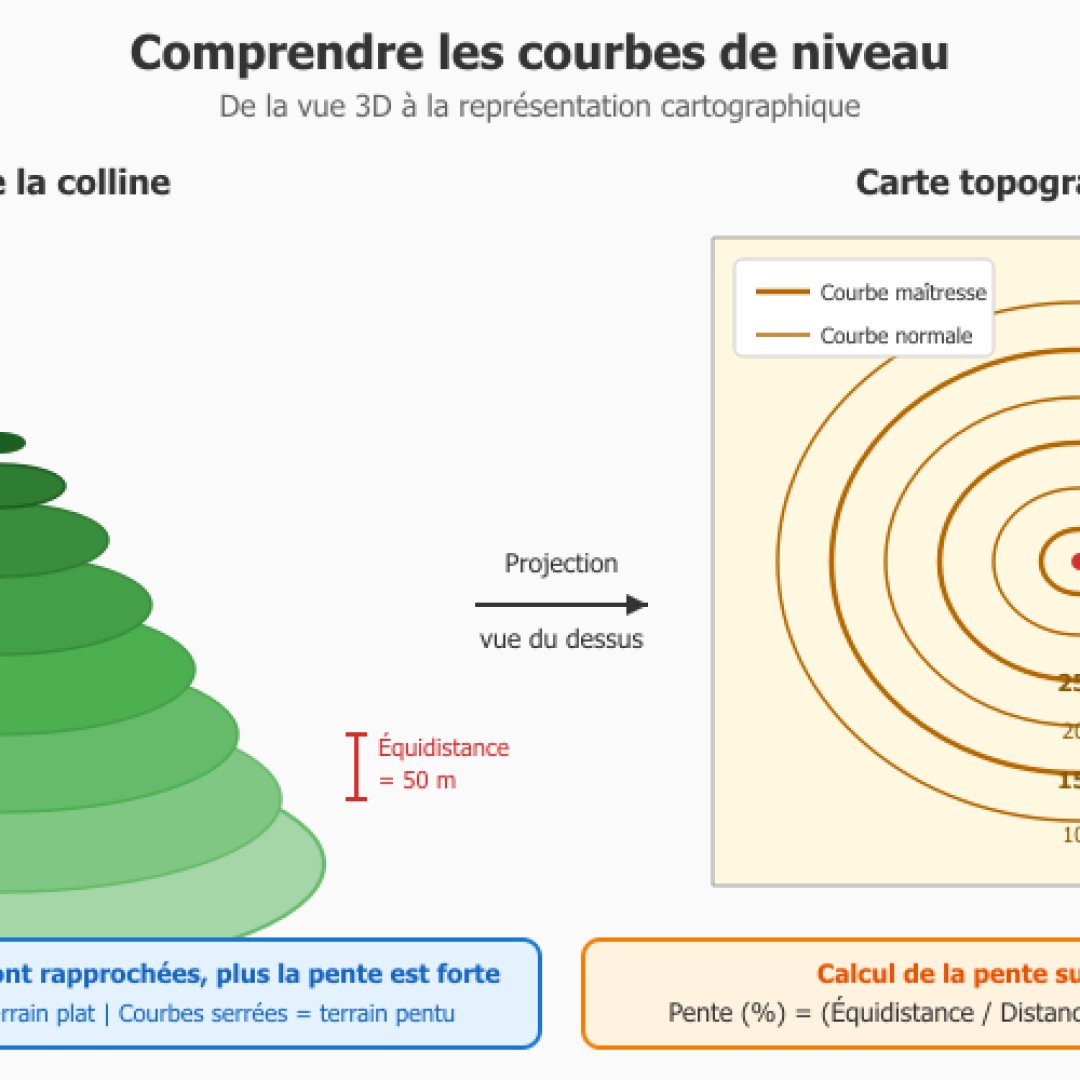 Schéma pédagogique montrant la projection d'une colline 3D en courbes de niveau sur une carte topographique 2D, avec équidistance et calcul de pente
