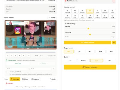 Video Watermark Remover interface showing selection of multiple watermark areas with cyan rectangles on a video, featuring rectangle ellipse polygon shape tools and static detection mode