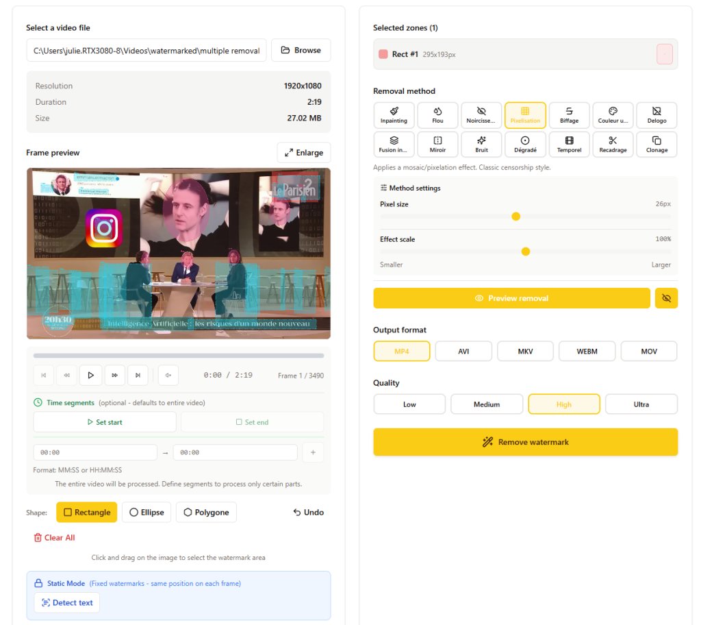 Video Watermark Remover interface showing selection of multiple watermark areas with cyan rectangles on a video, featuring rectangle ellipse polygon shape tools and static detection mode