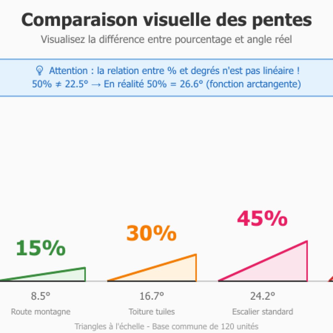 Infographie comparative montrant visuellement cinq pentes différentes (5%, 15%, 30%, 45%, 100%) avec leurs équivalences en degrés et leurs usages typiques