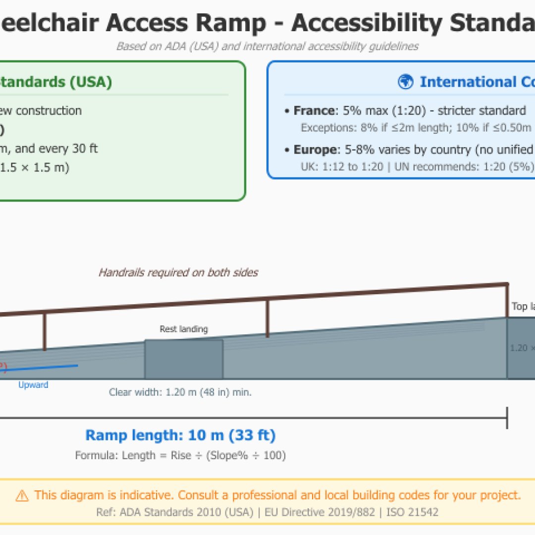 Technical diagram of a wheelchair accessible ramp compliant with French standards featuring 5% slope, rest landings, handrail and international comparison (ADA, Europe)
