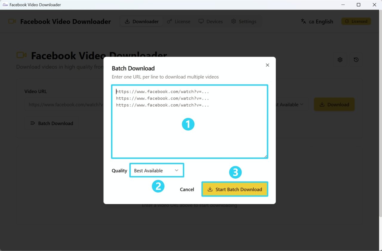 Bulk download popup showing the field to enter multiple Facebook video URLs