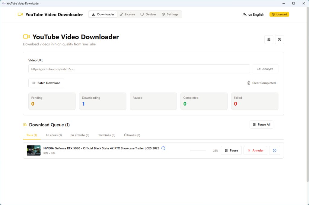 YouTube Video Downloader interface with URL field and download queue showing a video in progress at 28%