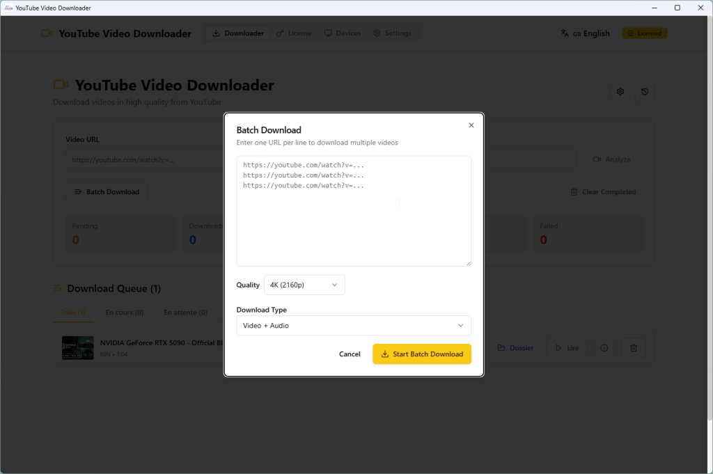 Batch download window with text field for multiple YouTube URLs, 4K quality selector and group download start button