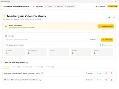 Main interface of Facebook Video Downloader software showing the URL paste field and download button along with downloaded video files