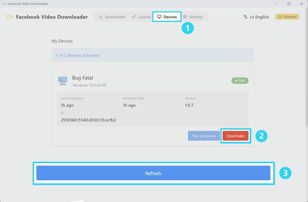 Device management page showing active licenses and their information