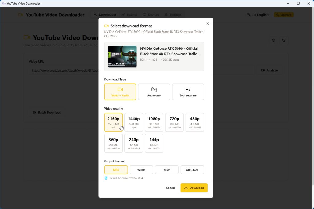 YouTube downloader dialog window showing video quality options from 2160p 4K to 144p with MP4 format selection and video plus audio download type