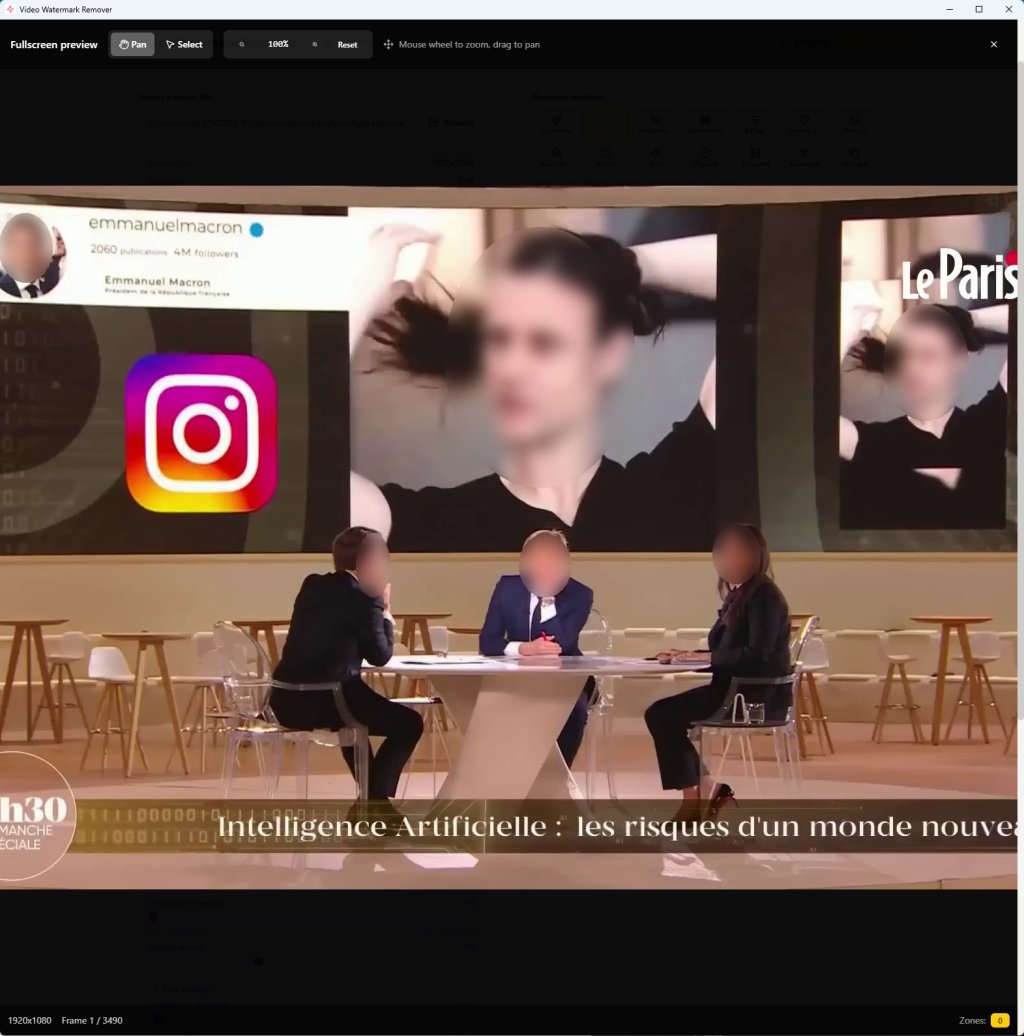 Result of automatic AI face blurring on a TV studio video showing all faces anonymized for privacy protection