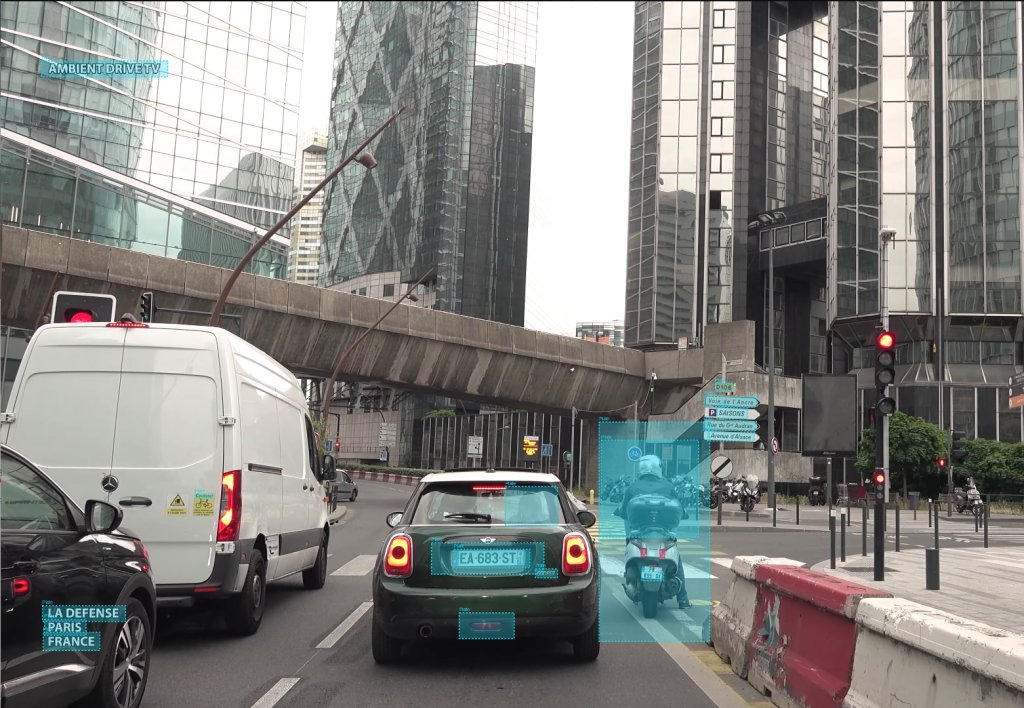 Automatic AI detection of license plates and vehicles on a dashcam street video with cyan rectangles identifying car and motorcycle plates to blur