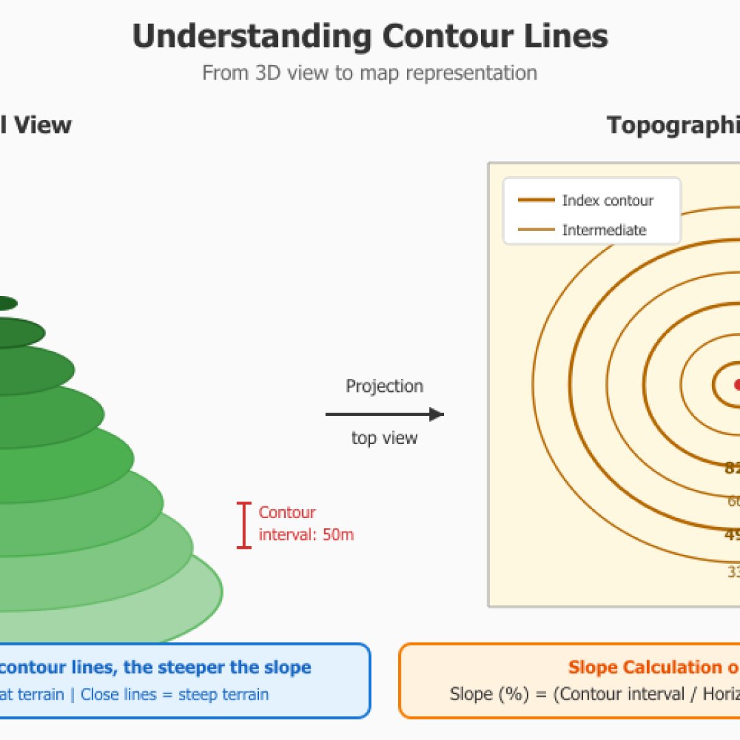 Educational diagram showing the projection of a 3D hill into contour lines on a 2D topographic map, with contour interval and slope calculation