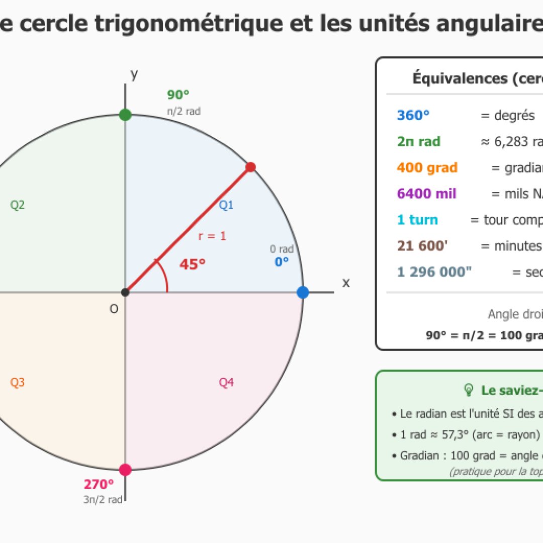 Cercle trigonométrique avec les quatre quadrants colorés, les angles remarquables (0°, 90°, 180°, 270°) et un tableau d'équivalences entre toutes les unités angulaires