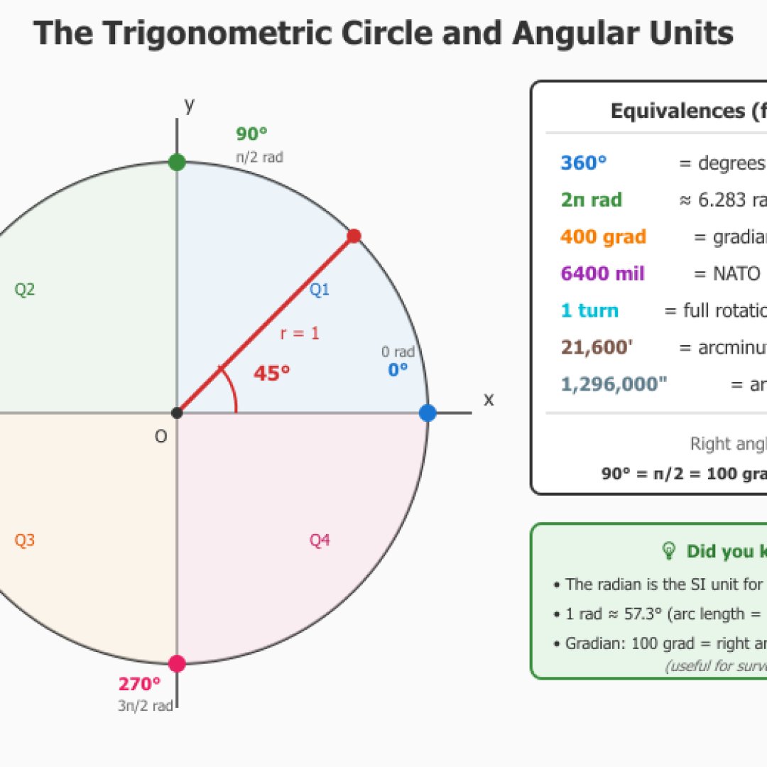 Trigonometric circle with four colored quadrants, notable angles (0°, 90°, 180°, 270°) and a table of equivalences between all angular units