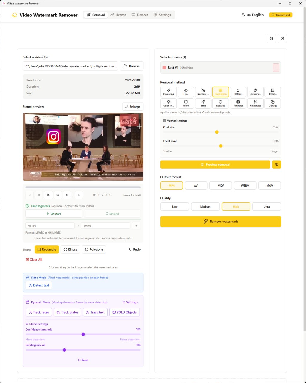Video Watermark Remover software interface showing video preview, selected watermark area in rectangle, 14 removal methods including pixelation and inpainting, and MP4 AVI MKV output format options