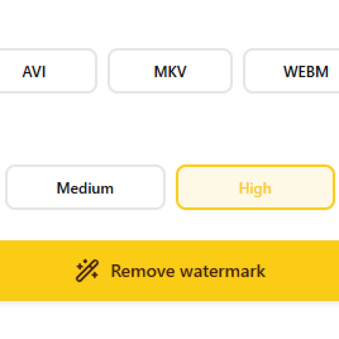 Video output format selection panel MP4 AVI MKV WEBM MOV and quality options low medium high ultra with remove watermark button