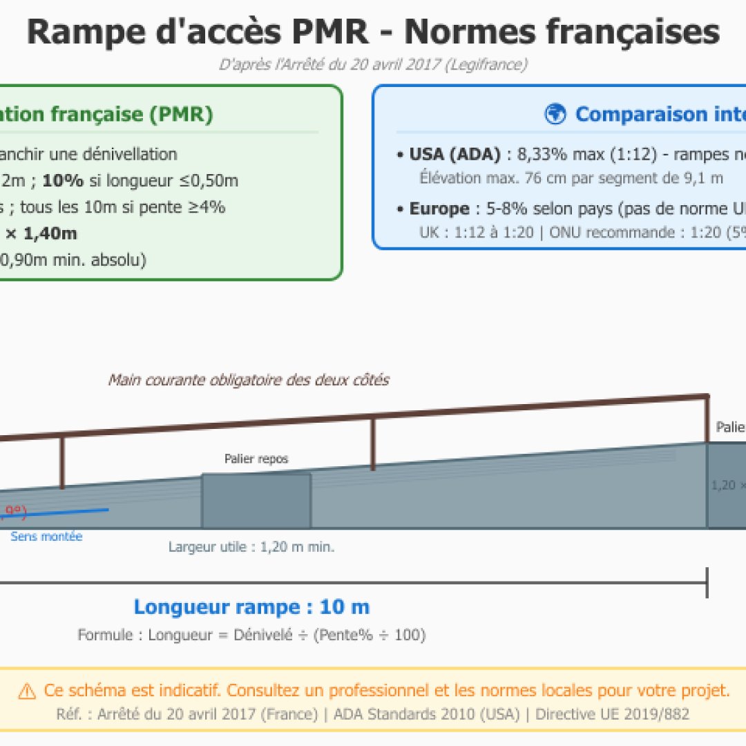 Schéma technique d'une rampe d'accès PMR conforme aux normes françaises avec pente de 5%, paliers de repos, main courante et comparaison internationale (ADA, Europe)