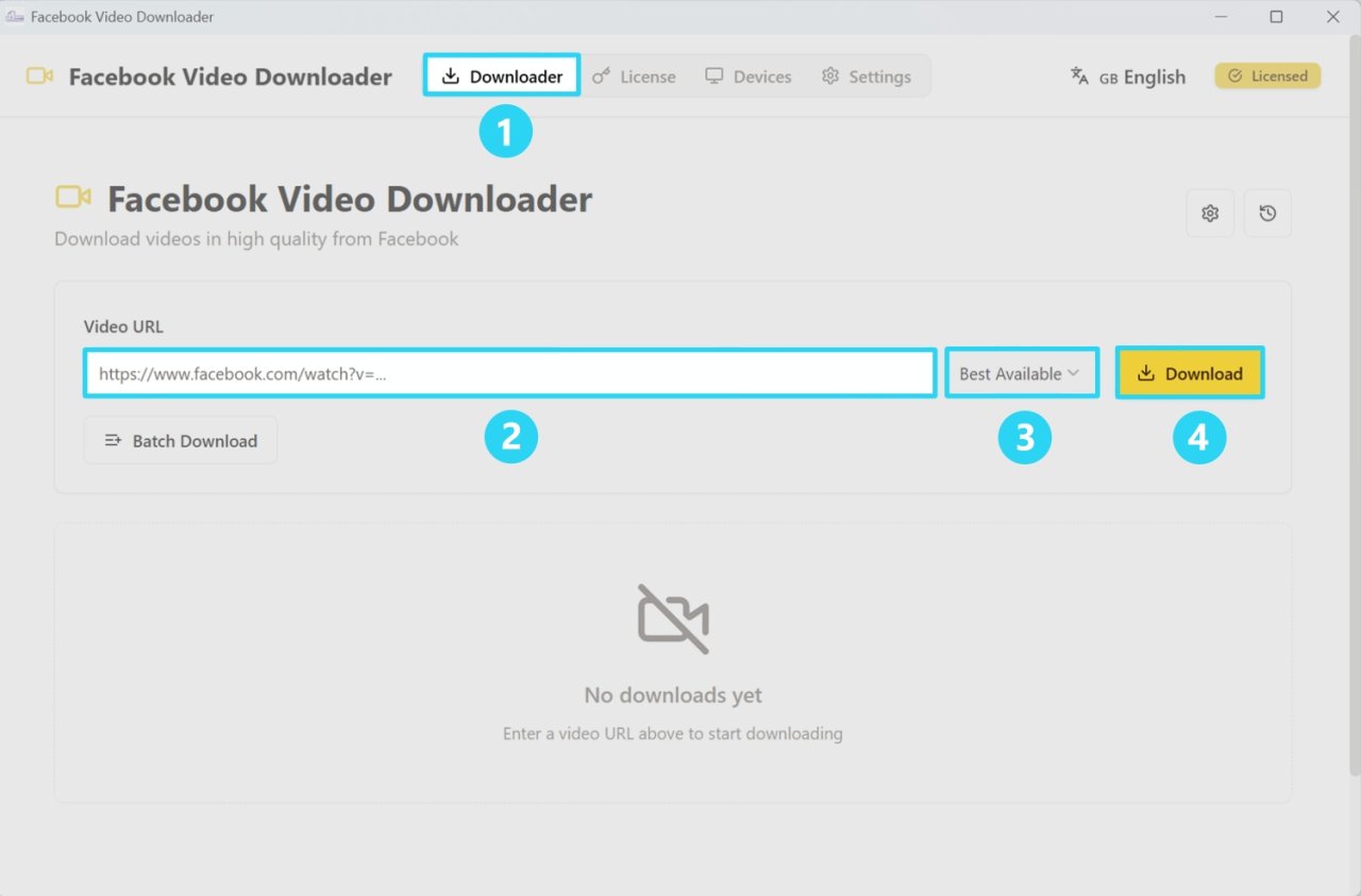 Main screen of Facebook video downloader with URL field and download button