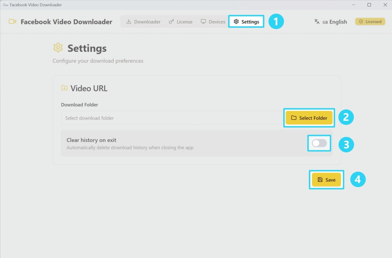 Settings interface with download folder selection option