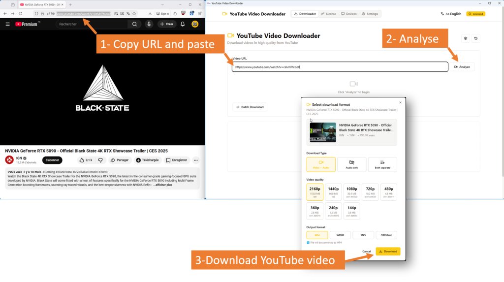3-step tutorial showing how to copy the YouTube URL, paste it into the downloader and select the format before downloading