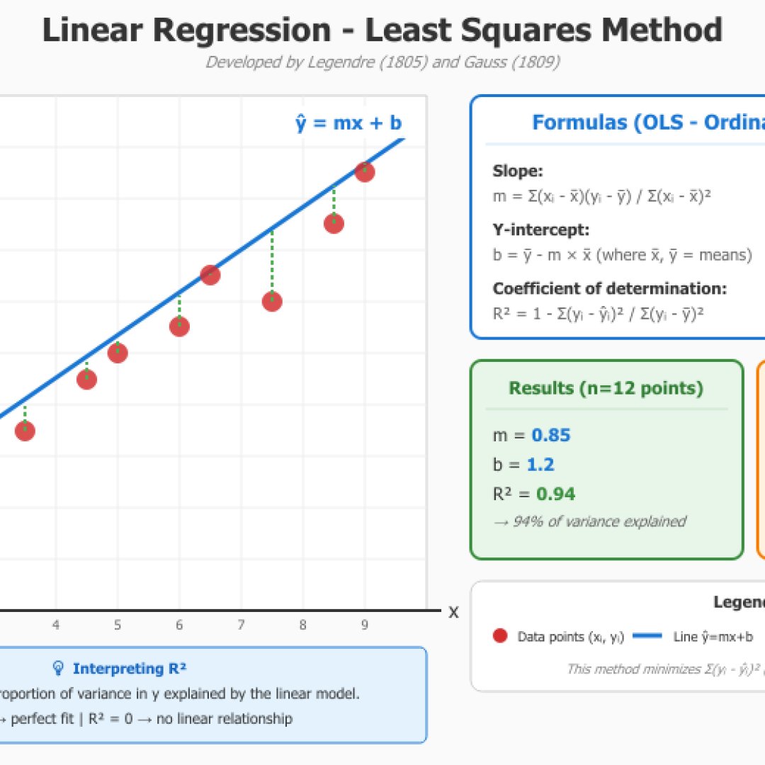Linear regression graph showing a scatter plot of 12 points, the fitted line, vertical residuals, OLS formulas and a prediction example