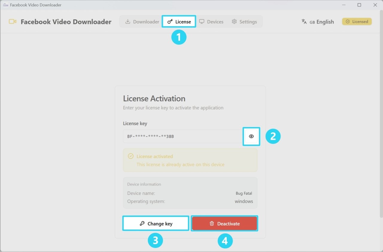 License screen showing a license already active on the device