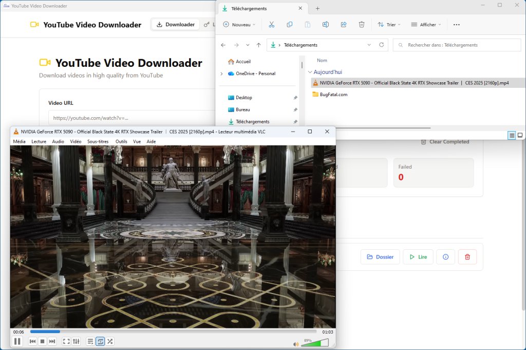 VLC Media Player playing a downloaded YouTube video in 4K with Windows Explorer showing the MP4 file saved locally