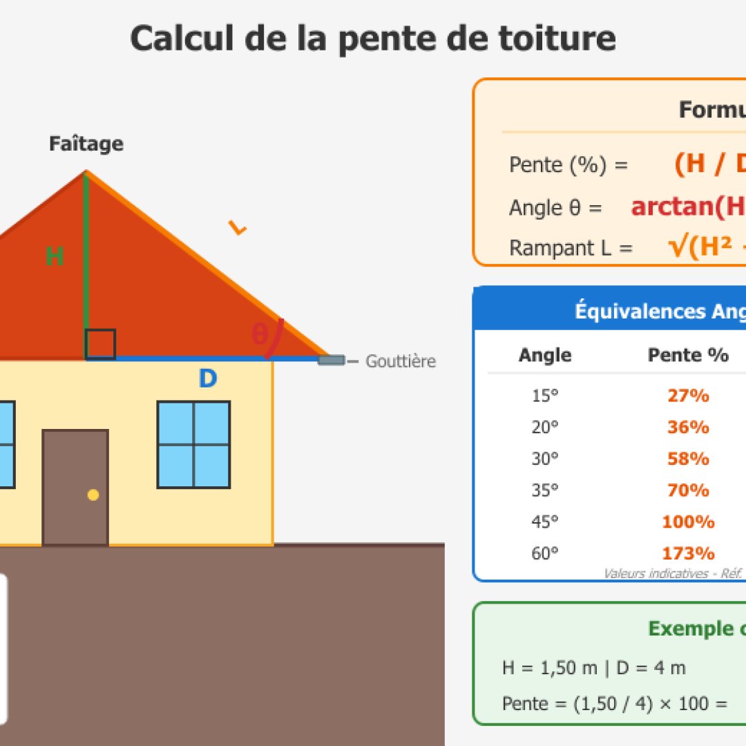 Schéma d'une maison illustrant le calcul de pente de toiture avec le triangle H/D/L, les formules de calcul, un tableau d'équivalences angle-pourcentage et un exemple concret