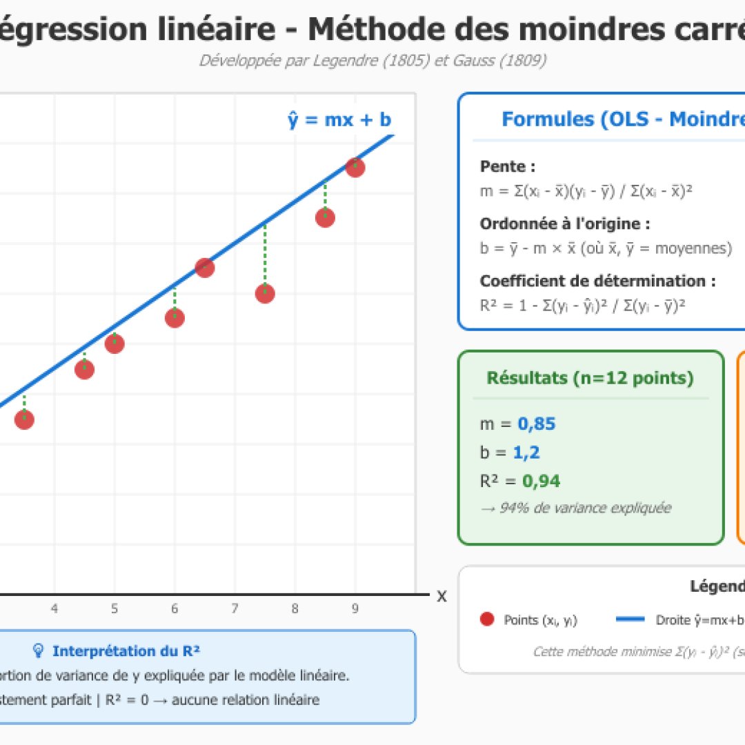 Graphique de régression linéaire montrant un nuage de 12 points, la droite d'ajustement, les résidus verticaux, les formules OLS et un exemple de prédiction