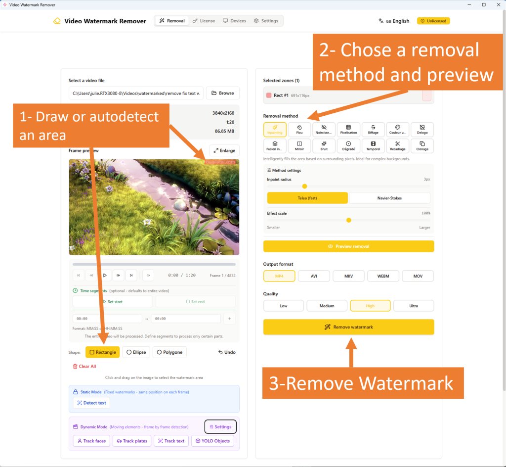3-step tutorial guide to remove a video watermark showing draw the area, choose inpainting method with preview, and click remove watermark