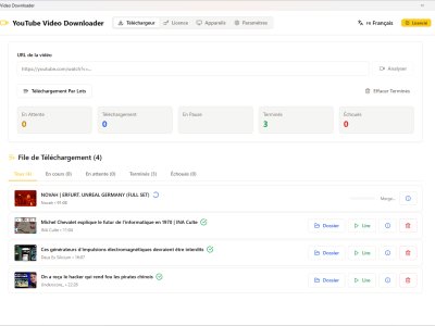YouTube Video Downloader software interface showing the download queue with 3 completed videos, allowing you to download and convert YouTube videos to different formats