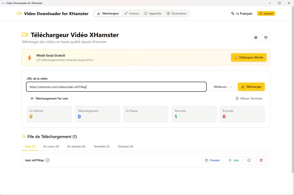 XHamster video downloader main interface showing URL field to paste link, HD 1080p quality selection and download videos button