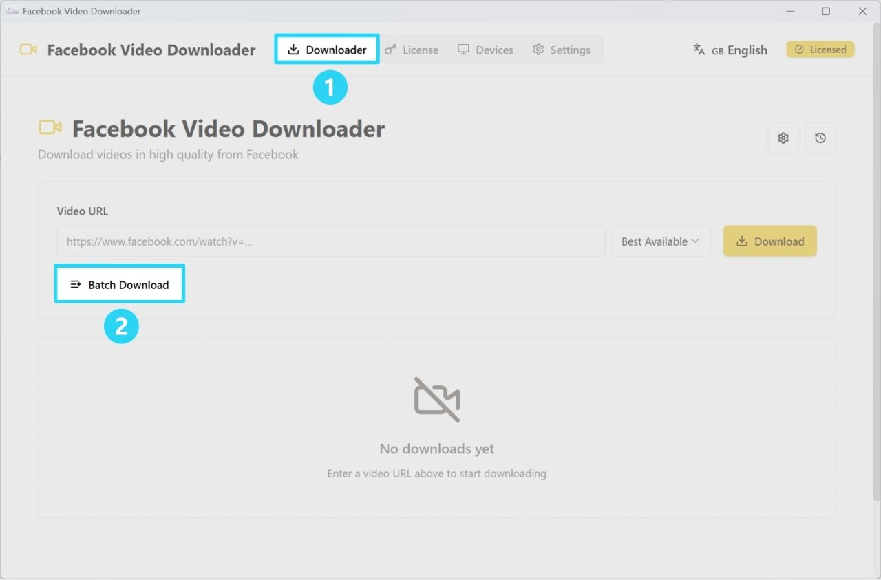 Main interface with batch download button highlighted