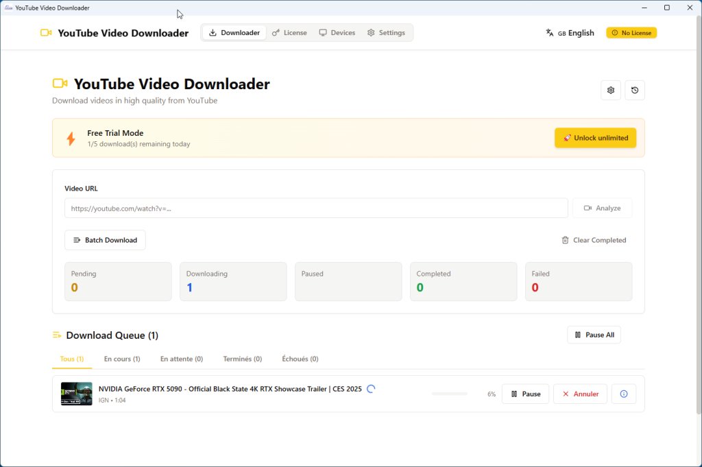 YouTube Video Downloader showing free mode with 1 out of 5 downloads remaining today and unlock unlimited button