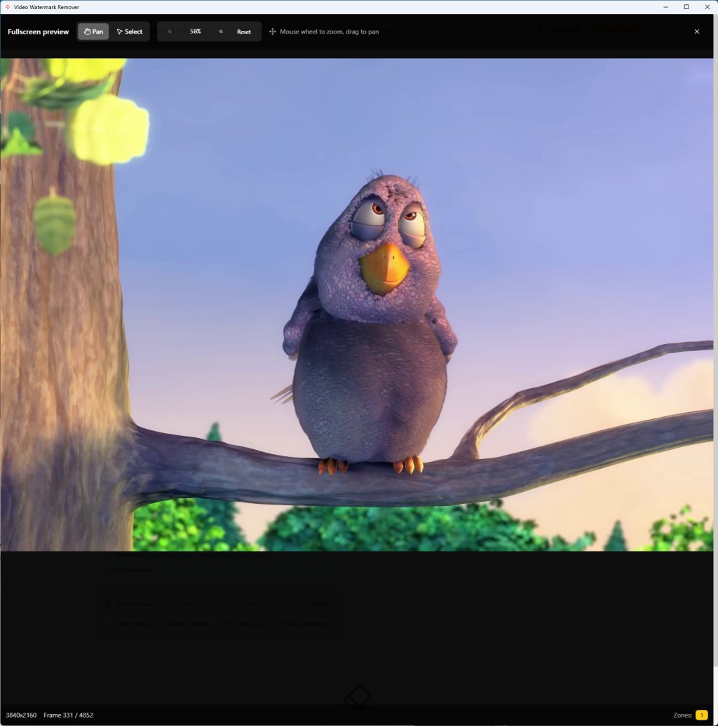 Full-screen preview window of Video Watermark Remover displaying a 4K 3840x2160 video after watermark removal with zoom pan tools and frame-by-frame navigation